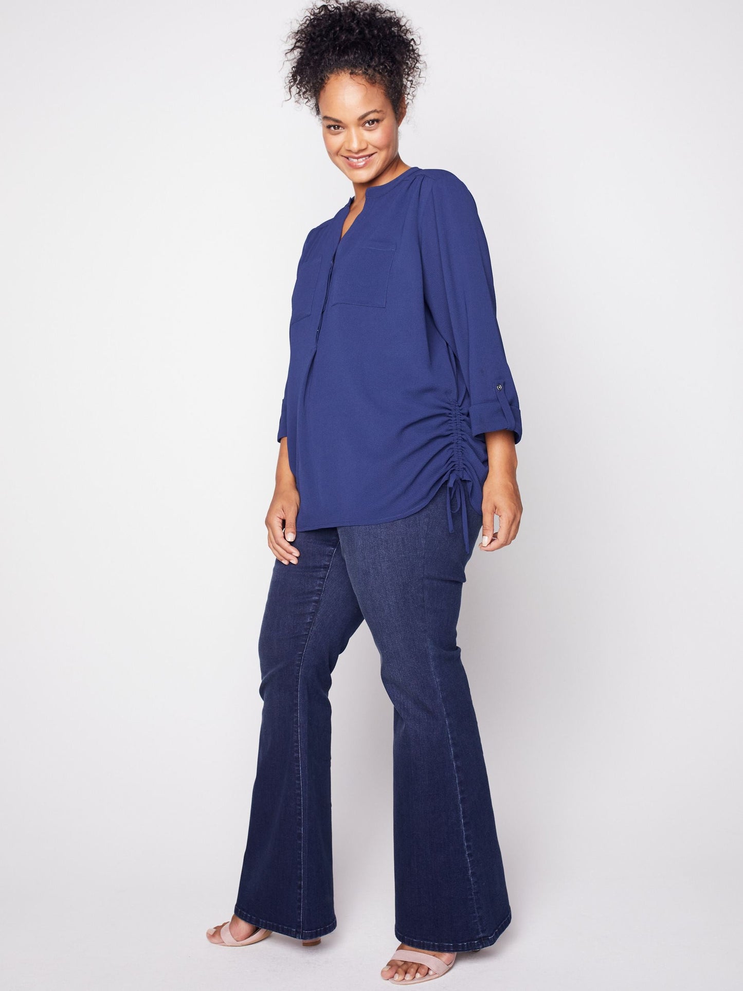 3/4 Sleeve Side Tie Popover Blouse - Plus