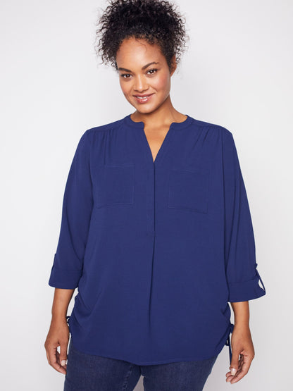 3/4 Sleeve Side Tie Popover Blouse - Plus