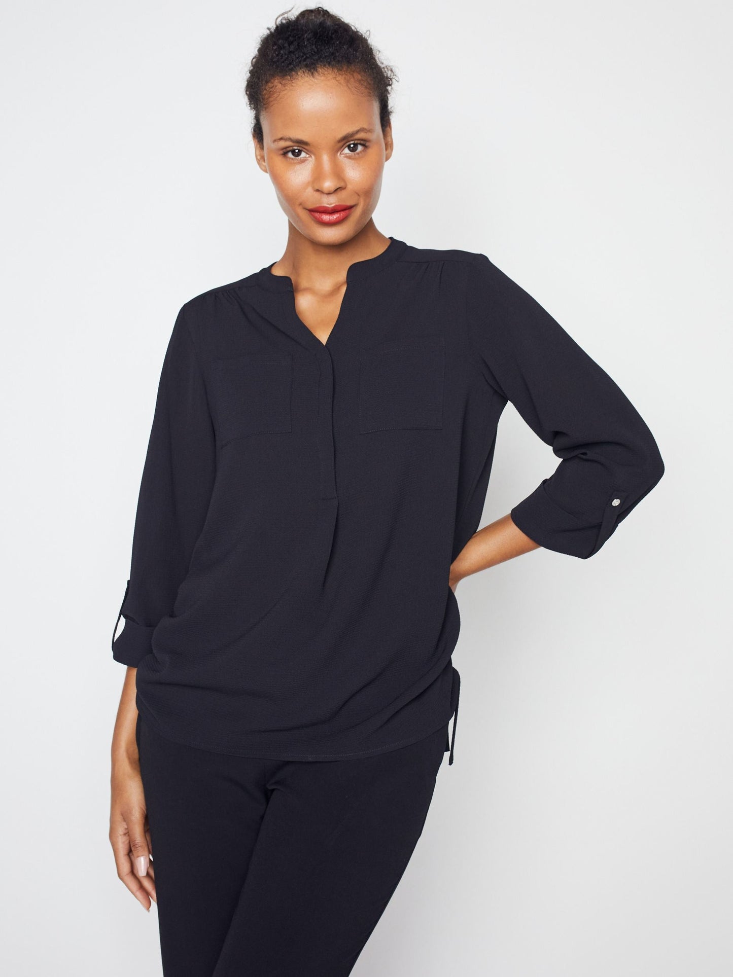 3/4 Sleeve Side Tie Popover Blouse