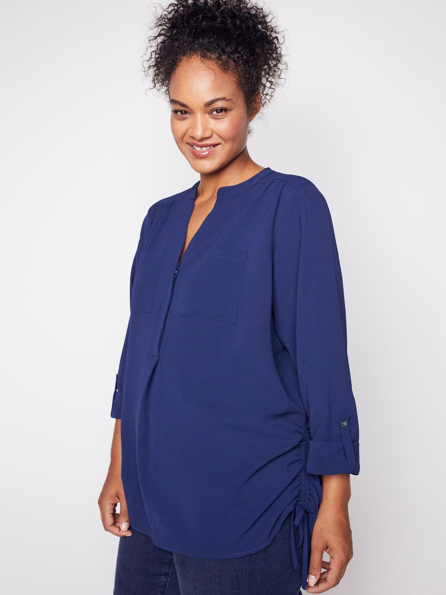 3/4 Sleeve Side Tie Popover Blouse - Plus