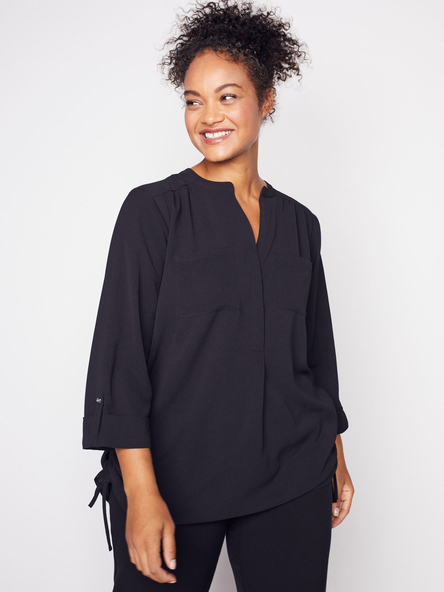 3/4 Sleeve Side Tie Popover Blouse - Plus