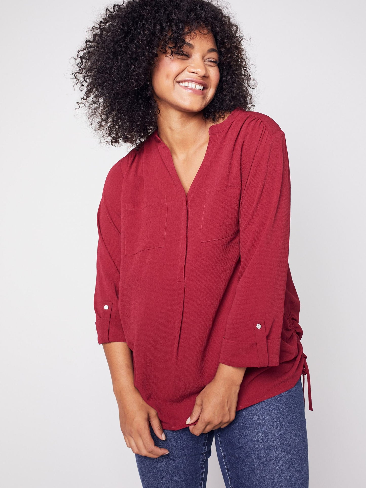 3/4 Sleeve Side Tie Popover Blouse - Plus