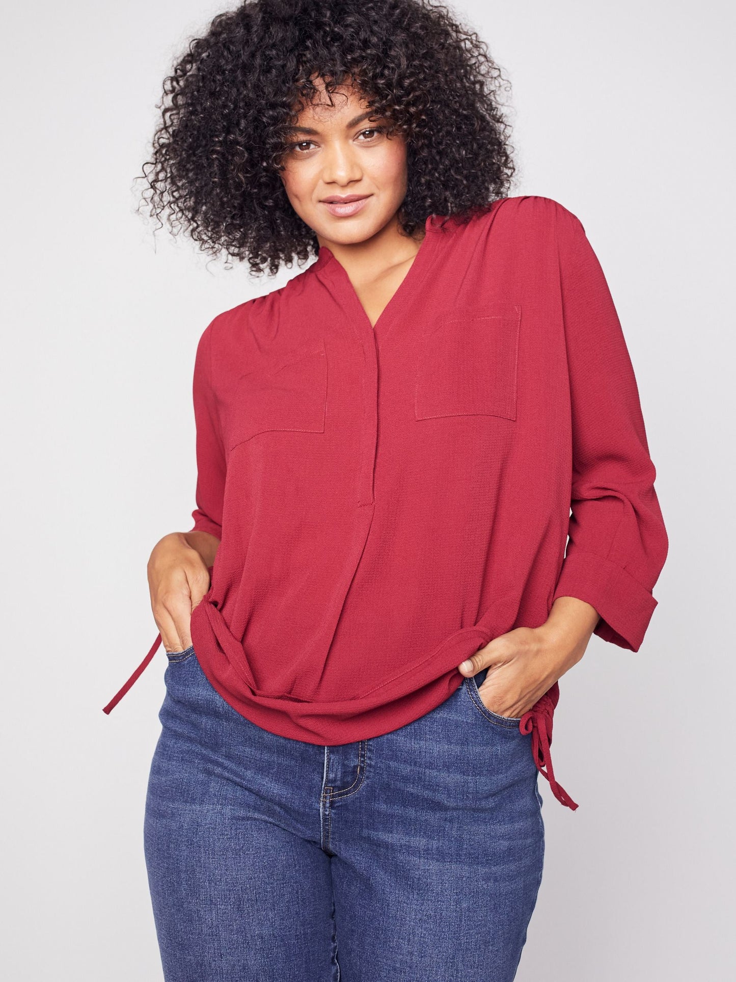 3/4 Sleeve Side Tie Popover Blouse - Plus