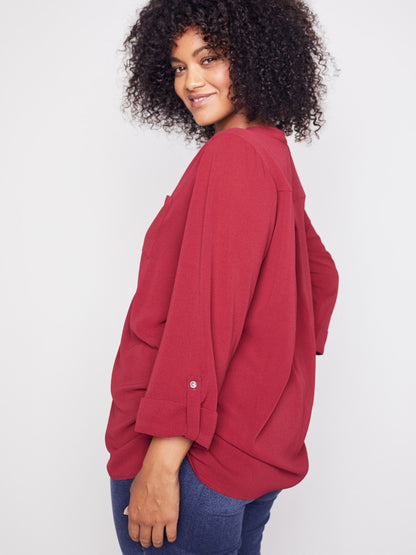 3/4 Sleeve Side Tie Popover Blouse - Plus