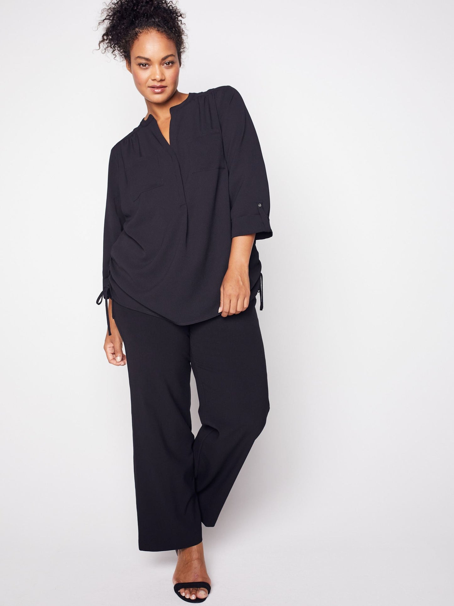 3/4 Sleeve Side Tie Popover Blouse - Plus