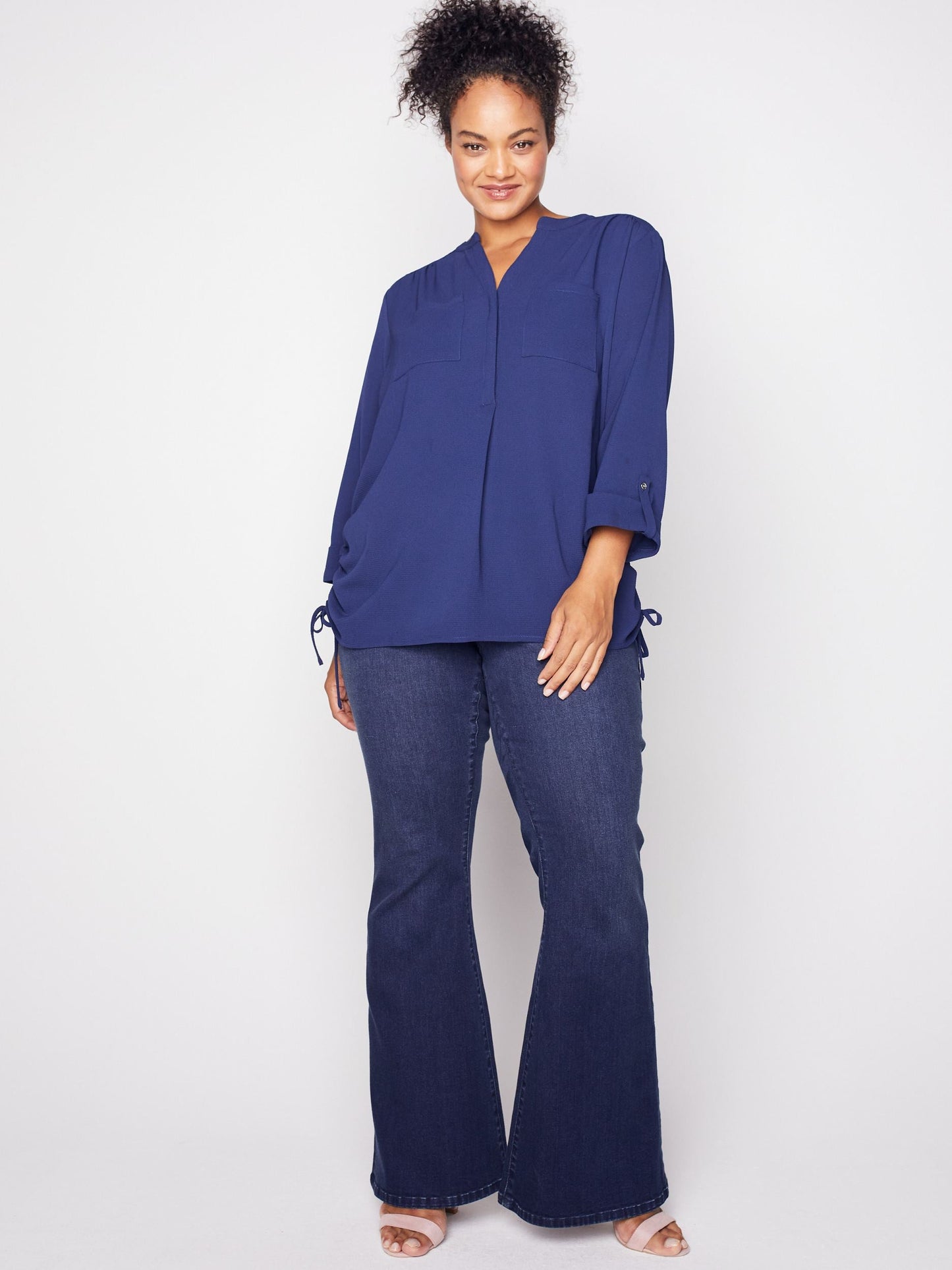 3/4 Sleeve Side Tie Popover Blouse - Plus