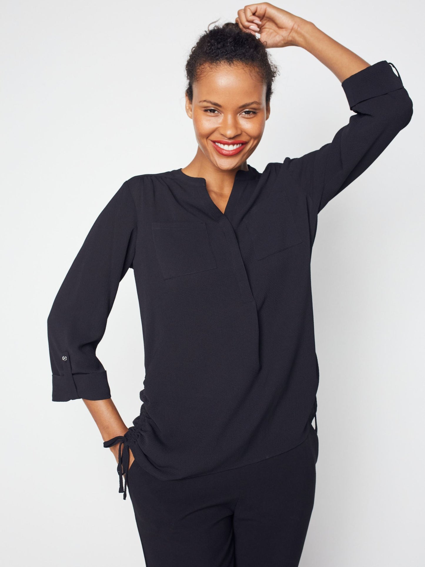 3/4 Sleeve Side Tie Popover Blouse