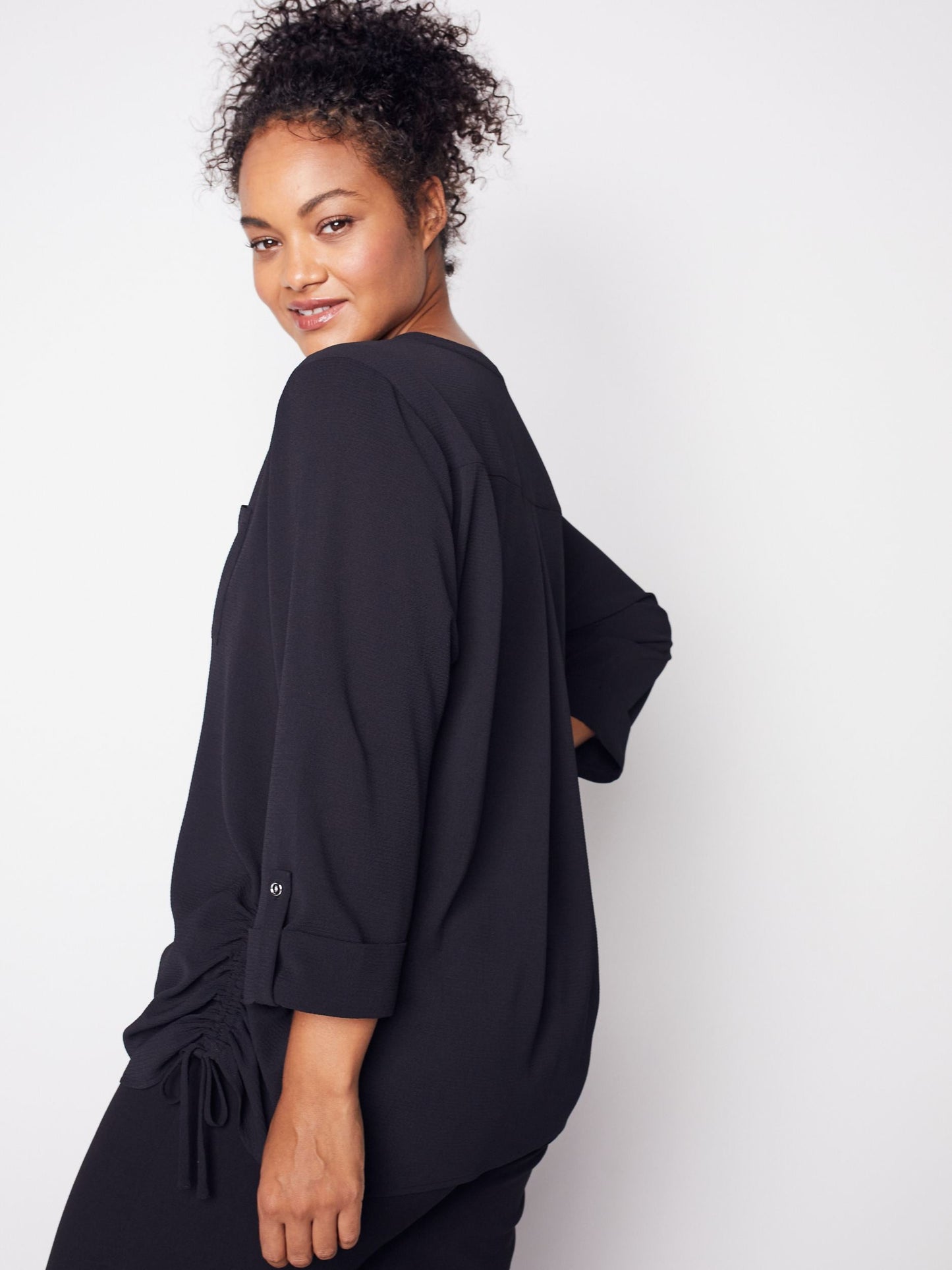 3/4 Sleeve Side Tie Popover Blouse - Plus