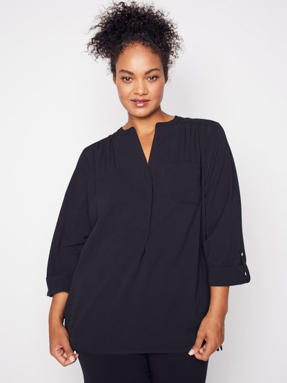 3/4 Sleeve Side Tie Popover Blouse - Plus