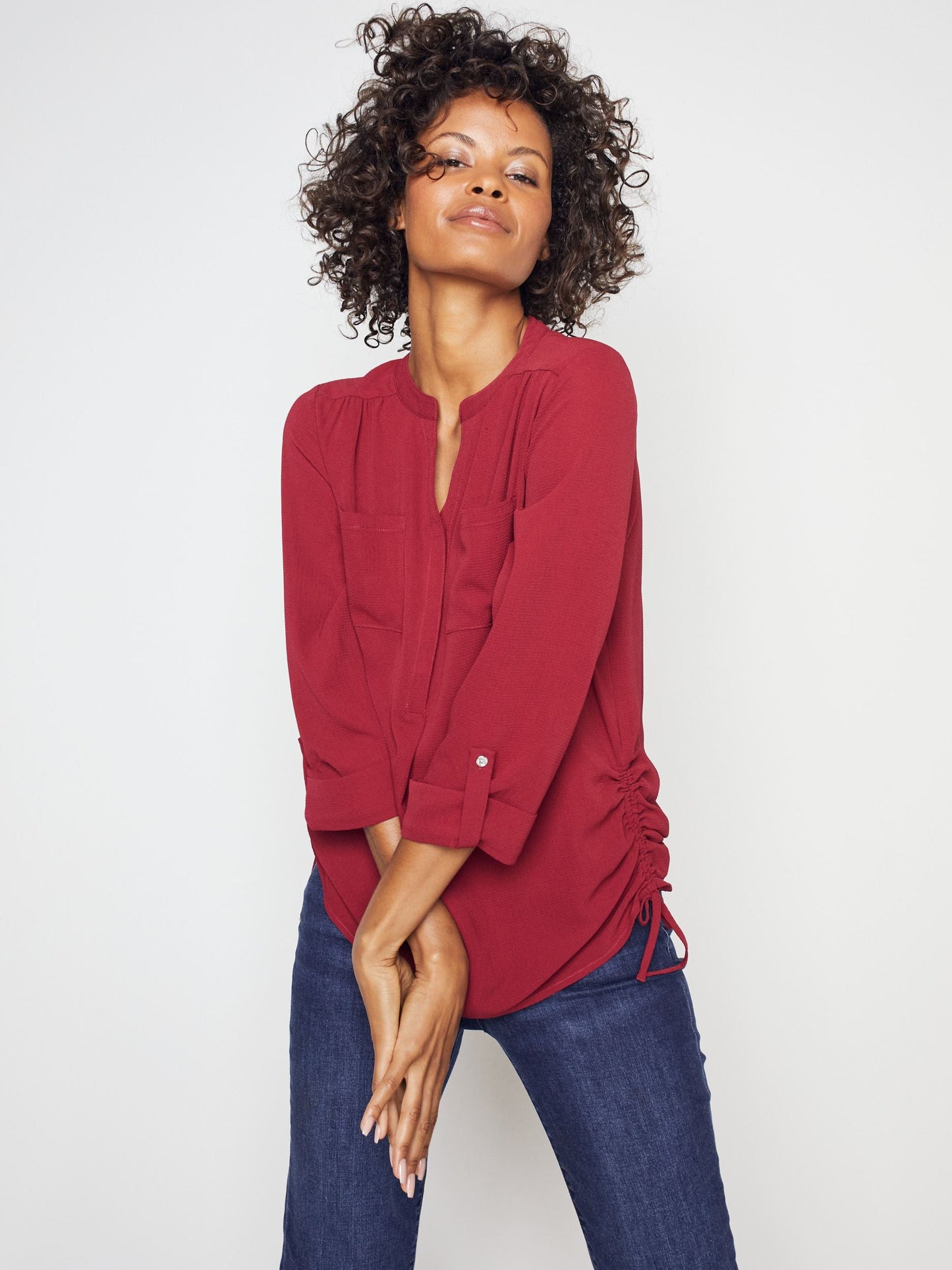 3/4 Sleeve Side Tie Popover Blouse